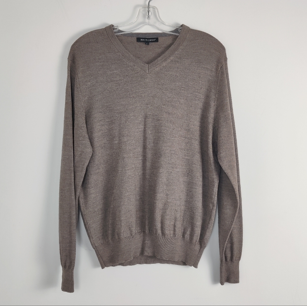 Britches Men's Classic V-Neck Wool Blend Sweater, Large - Timeless Taupe